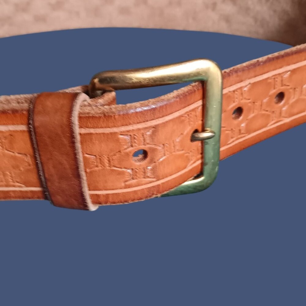 Vintage 28 X-Small Belt 1970's Genuine Leather Embossed Belt Brass Buckle Hippie